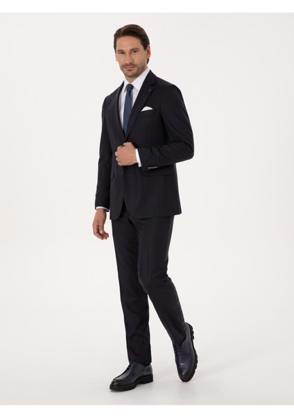 Erkek Koyu Lacivert Slim Fit Yün Karışımlı Mikro Desenli Takım Elbise 50315597-VR100 fırsatları