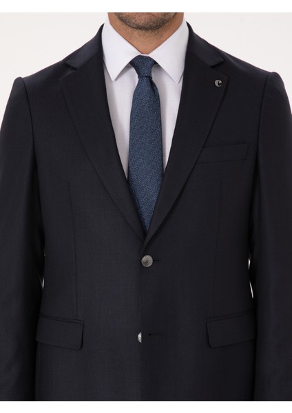 Erkek Koyu Lacivert Slim Fit Yün Karışımlı Mikro Desenli Takım Elbise 50315597-VR100