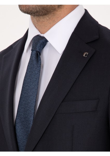 Erkek Koyu Lacivert Slim Fit Yün Karışımlı Mikro Desenli Takım Elbise 50315597-VR100