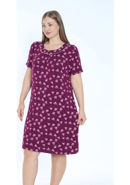 Büyük Beden Desenli Kısa Kollu Biyeli Esnek Viskon Gecelik