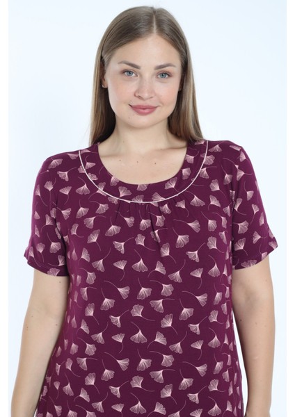 Büyük Beden Desenli Kısa Kollu Biyeli Esnek Viskon Gecelik modelleri