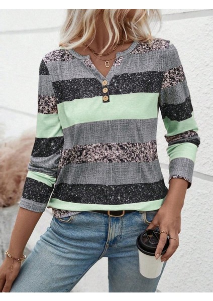 Miracotton Kadın Uzun Kollu Yakadan Düğmeli Çizgili Desenli Süprem Bluz