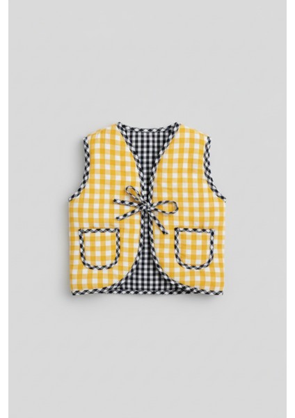 Unisex Çocuk Pamuklu Sarı Ekose Cool Cats Club Yelek - Kalpli Gözlüklü Kedi Aplikeli fiyatları