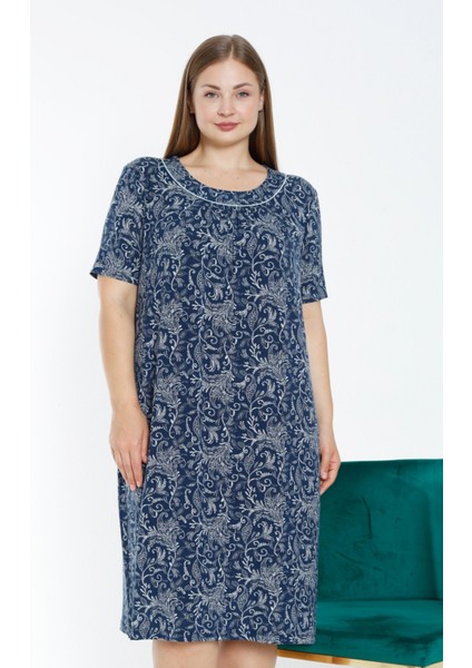 Lacivert Desenli Biyeli Kısa Kollu Esnek Viskon Kadın Büyük Beden Gecelik