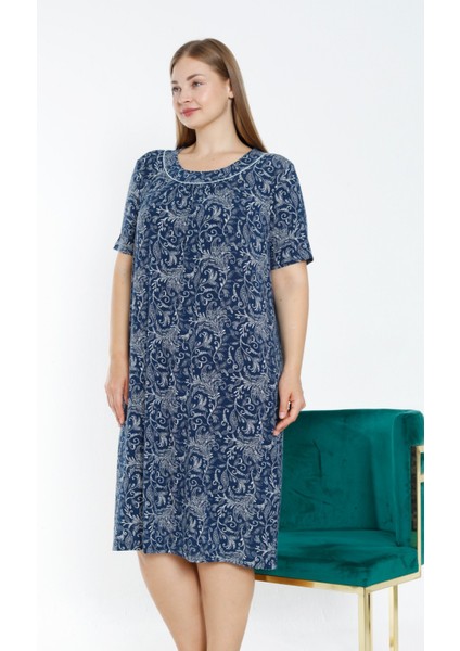 Lacivert Desenli Biyeli Kısa Kollu Esnek Viskon Kadın Büyük Beden Gecelik fiyatları
