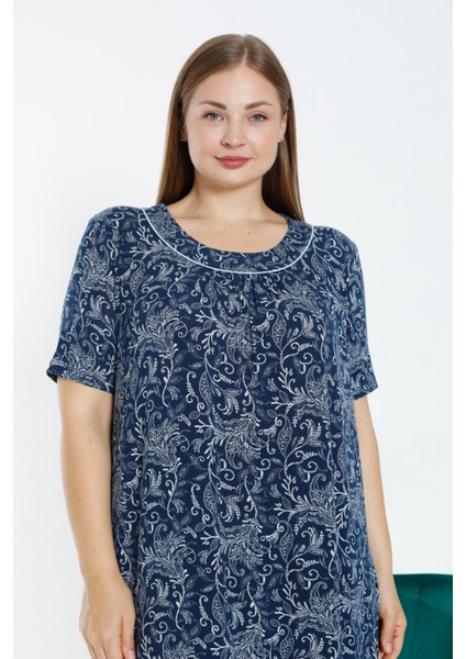 Lacivert Desenli Biyeli Kısa Kollu Esnek Viskon Kadın Büyük Beden Gecelik modelleri