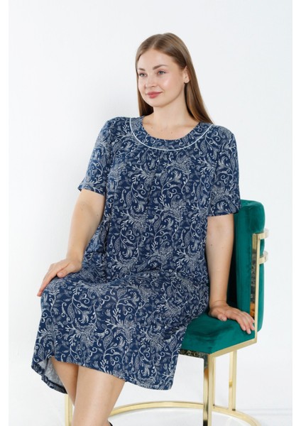 Lacivert Desenli Biyeli Kısa Kollu Esnek Viskon Kadın Büyük Beden Gecelik fırsatları