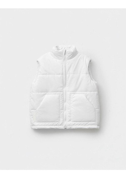 Unisex Çocuk Pamuklu Beyaz Şişme Yelek - Fermuarlı Cepli Kapitone Model
