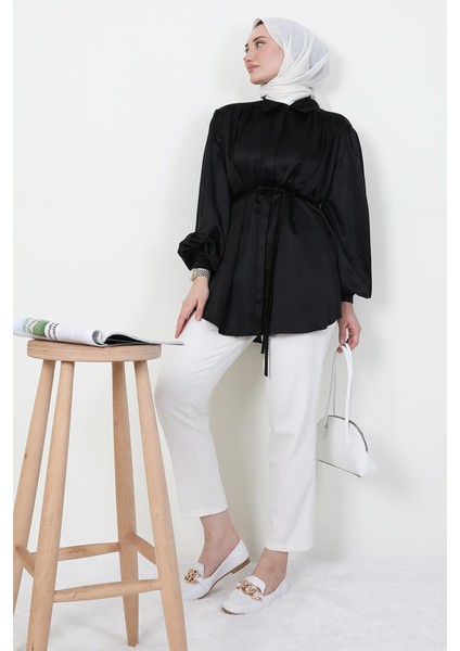 Gizli Düğmeli Saten Gömlek Siyah