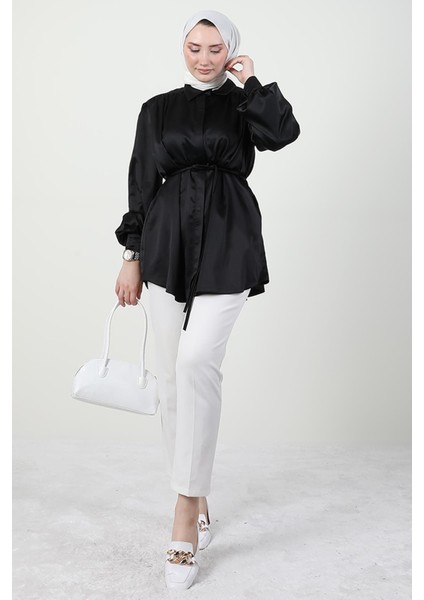 Gizli Düğmeli Saten Gömlek Siyah modelleri