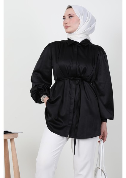 Gizli Düğmeli Saten Gömlek Siyah fırsatları
