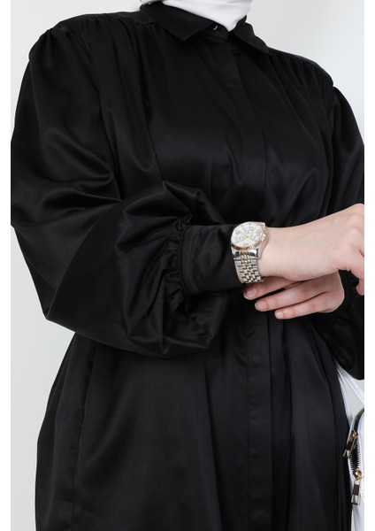 Gizli Düğmeli Saten Gömlek Siyah indirimleri