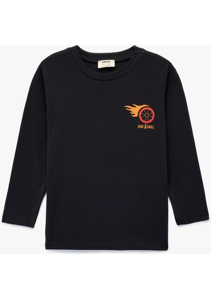Pamuklu Uzun Kollu Bisiklet Yaka Baskılı Tişört