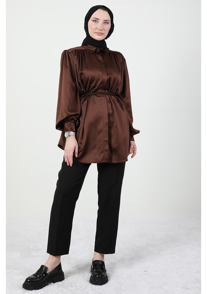 Gizli Düğmeli Saten Gömlek Acı Kahve