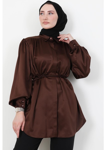 Gizli Düğmeli Saten Gömlek Acı Kahve modelleri