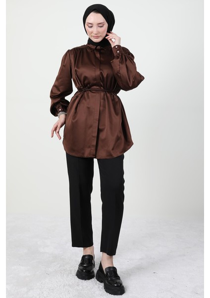 Gizli Düğmeli Saten Gömlek Acı Kahve fırsatları