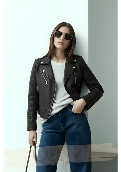 Kadın Suni Deri Ceket-Siyah