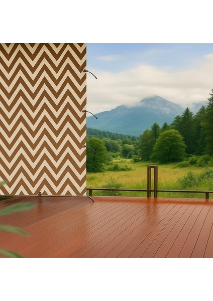 Im&ya Bağcıklı Halkalı Kornişli Kahve-Krem Zikzak Desenli Su Geçirmez Balkon Perdesi Gölgelik Branda