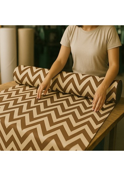 Im&ya Bağcıklı Halkalı Kornişli Kahve-Krem Zikzak Desenli Su Geçirmez Balkon Perdesi Gölgelik Branda