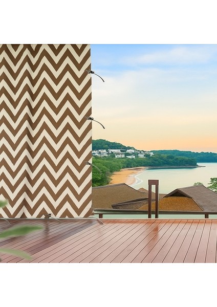Halkalı Kornişli Kahve-Krem Zikzak Desenli Su Geçirmez Balkon Perdesi Gölgelik Branda modelleri