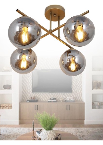 Jade 4 Lü Eskitme Avize Füme Camlı Dekoratif Tasarım Yatak Odası Mutfak Salon Avize