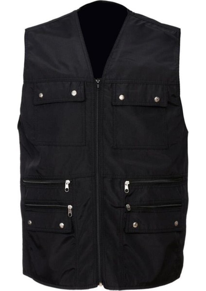 Erkek Siyah Yazlık Kumaş Avcı Yelek Çok Cepli Büyük Beden Yelek Battal