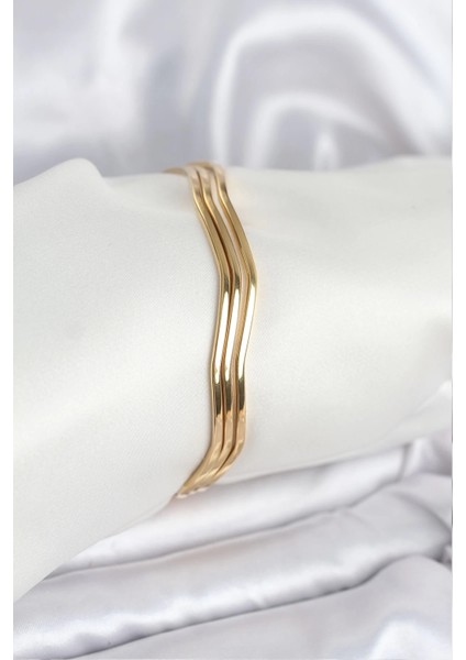 316L Çelik Gold Renk 65 mm Ajda Zikzak Model 3lü Kadın Bileklik