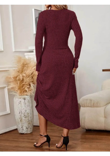 Eyesof Kadın Uzun Kollu Önden Düğmeli Bluz ve Yüksek Bel A Kesim Uzun Etek Şardonlu Kaşkorse Ikili Takım modelleri