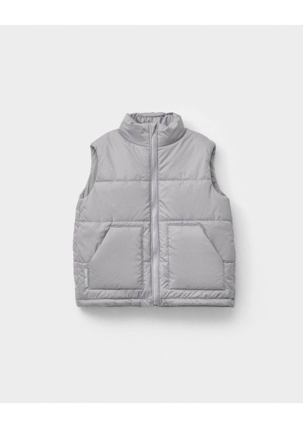 Unisex Çocuk Pamuklu Gri Şişme Yelek - Fermuarlı Cepli Kapitone Model