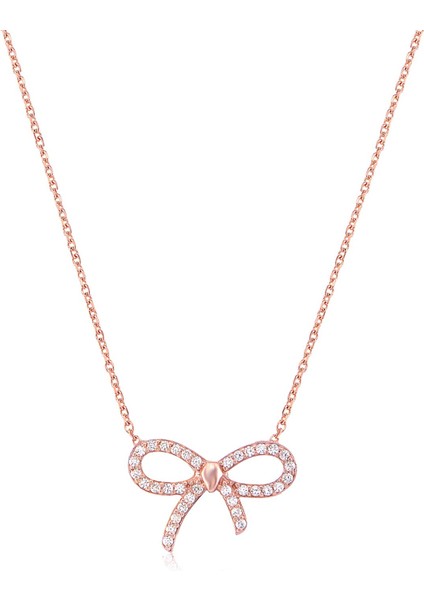 Zirkon Taşlı Pırlanta Montür Rose Altın Kaplama Papyon Gümüş Kolye