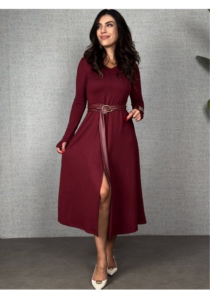 Kadın Uzun Kollu Yakalı Belden Deri Detaylı Kuşaklı Yırtmaçlı Midi Viskon Iki Iplik Elbise