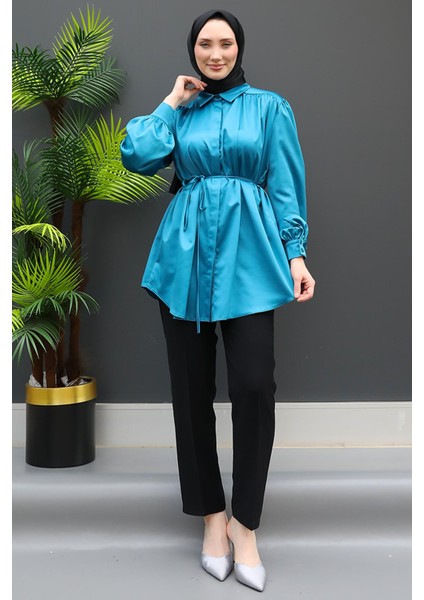 Gizli Düğmeli Saten Gömlek Petrol