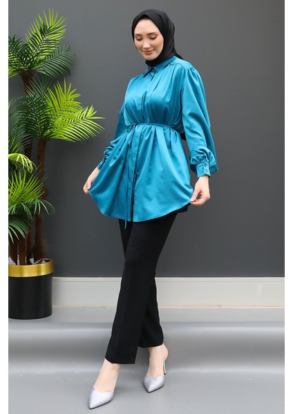 Gizli Düğmeli Saten Gömlek Petrol modelleri