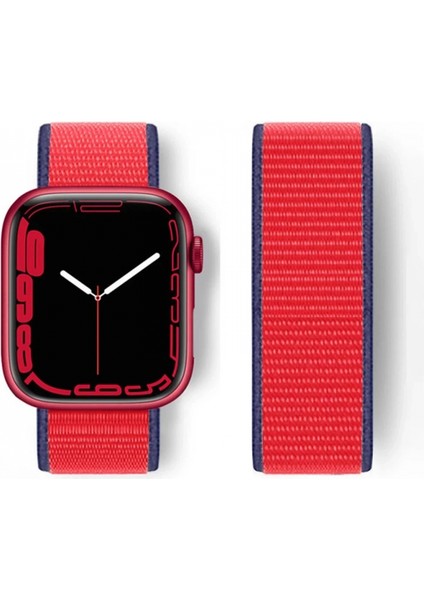 Apple Watch 38MM Hasırlı Cırtcırtlı Kordon - Lacivert-Kırmızı