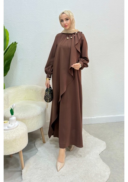 Krep Kumaş Yakası Inci Detaylı Levanur Elbise- Acı Kahve