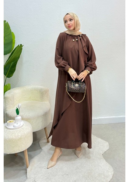 Krep Kumaş Yakası Inci Detaylı Levanur Elbise- Acı Kahve fiyatları