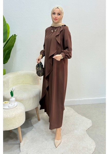 Krep Kumaş Yakası Inci Detaylı Levanur Elbise- Acı Kahve modelleri