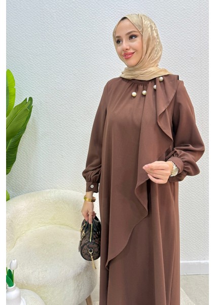 Krep Kumaş Yakası Inci Detaylı Levanur Elbise- Acı Kahve fırsatları