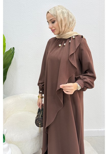 Krep Kumaş Yakası Inci Detaylı Levanur Elbise- Acı Kahve indirimleri