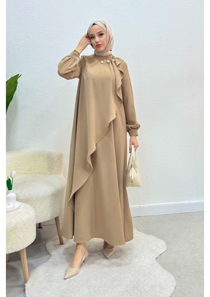 Krep Kumaş Yakası Inci Detaylı Levanur Elbise- Vizon