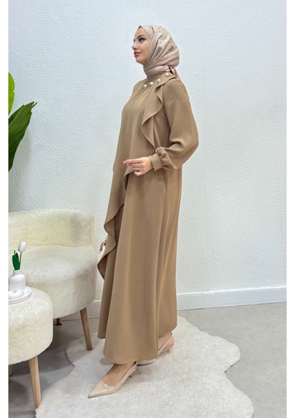 Krep Kumaş Yakası Inci Detaylı Levanur Elbise- Vizon modelleri