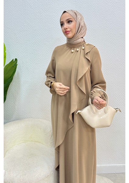 Krep Kumaş Yakası Inci Detaylı Levanur Elbise- Vizon fırsatları