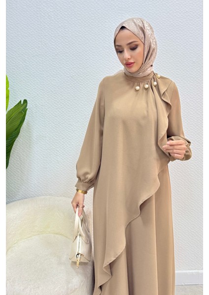 Krep Kumaş Yakası Inci Detaylı Levanur Elbise- Vizon indirimleri