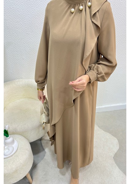 Krep Kumaş Yakası Inci Detaylı Levanur Elbise- Vizon