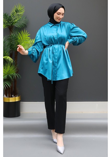 Gizli Düğmeli Saten Gömlek Petrol fırsatları