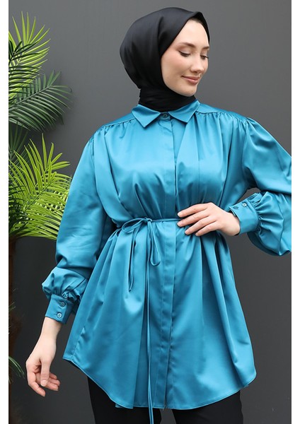 Gizli Düğmeli Saten Gömlek Petrol indirimleri