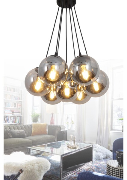 Kapo 7 Li Siyah Avize Füme Camlı Dekoratif Tasarım Yatak Odası Mutfak Salon Avize