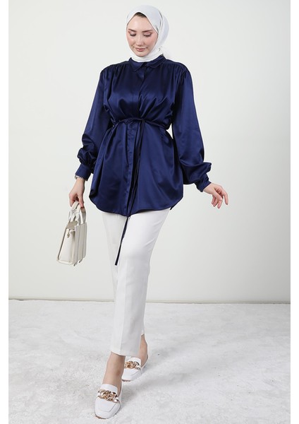 Gizli Düğmeli Saten Gömlek Lacivert fiyatları
