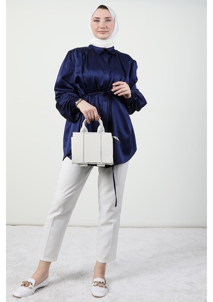 Gizli Düğmeli Saten Gömlek Lacivert modelleri