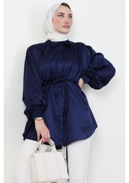 Gizli Düğmeli Saten Gömlek Lacivert indirimleri